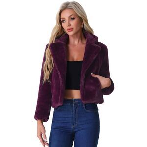 Cropped Jacket Notch Lapel Faux Fur Fluffy Coat Deep Purple